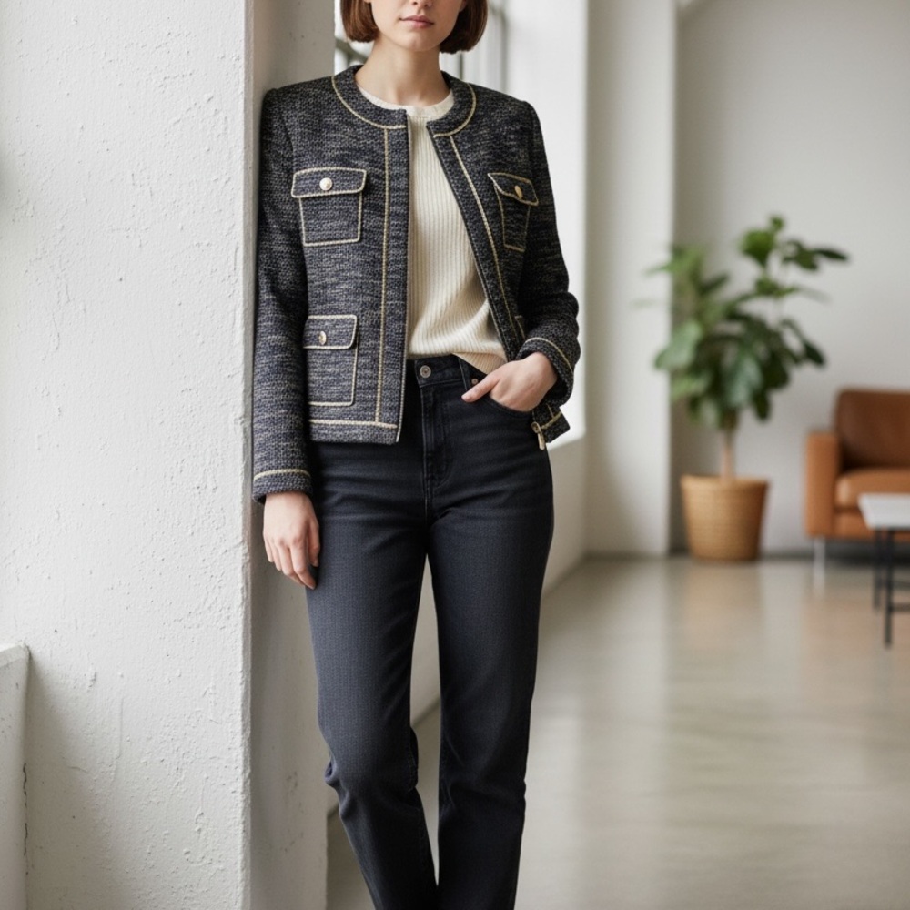 Karl Langerfeld Paris Chic Black Tweed Jacket with Gold Accents